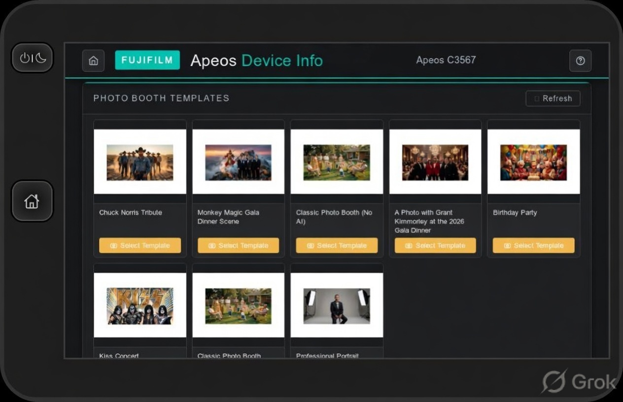 Photo Booth AI scene templates on the Apeos panel
