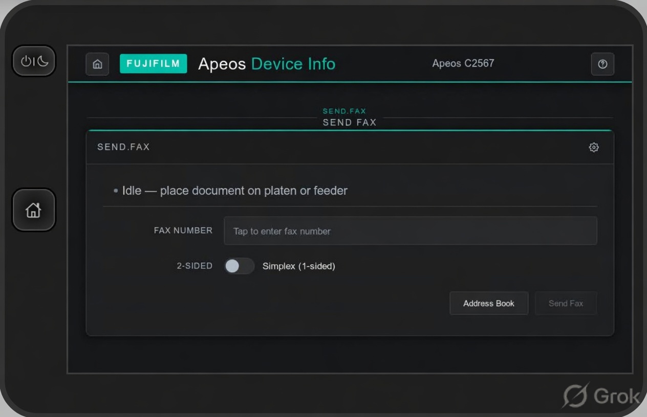 Send Fax section showing numeric keypad and fax controls